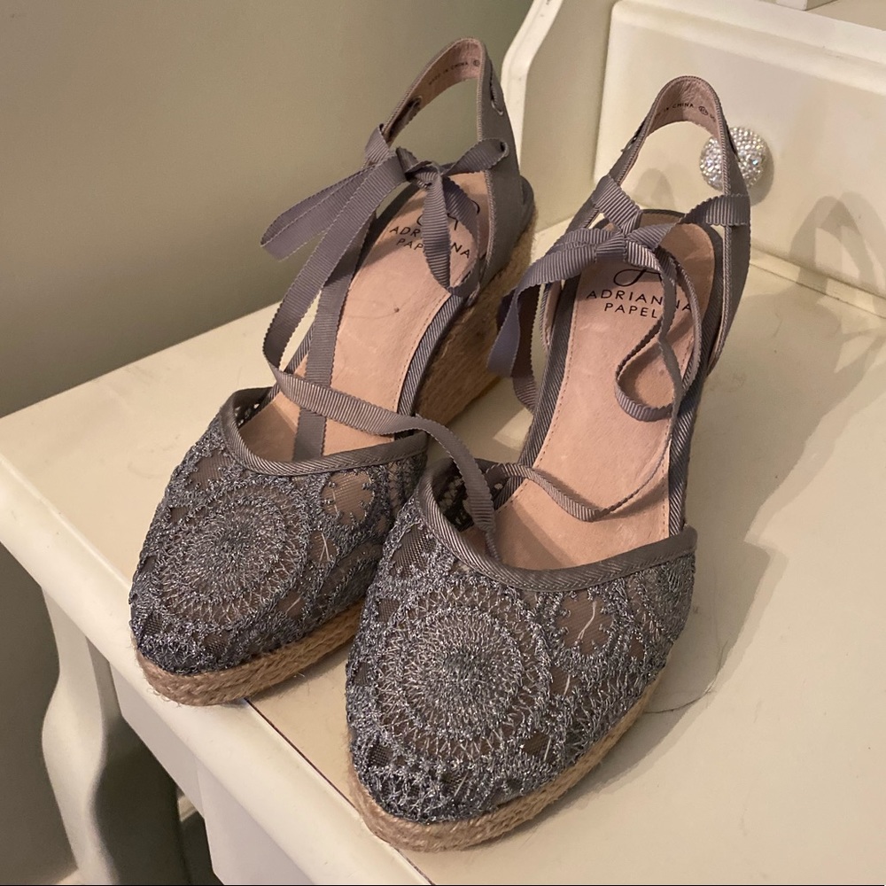 Lacy silver ankle tie wedges